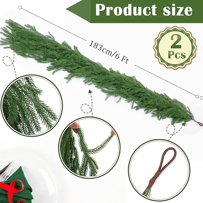 Hananona 2 Pcs 6 Ft Artificial Norfolk Pine Garlands, Real Touch Winter Pine Garland, Green Artificial Greenery Garland for Table, Mantle, Wall, Indoor, Outdoor Christmas Decorations (2, 6 FT)