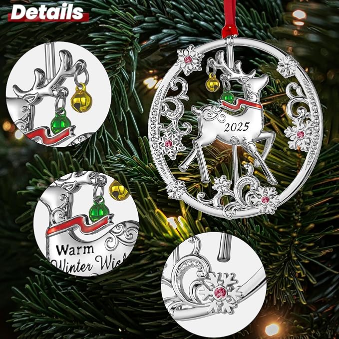 Christmas Tree - 2025 Rotation Reindeer Hanging Ornaments Pendant of Car Charm Holiday Keepsake Gift Home Decor (Reindeer Silver (2025))
