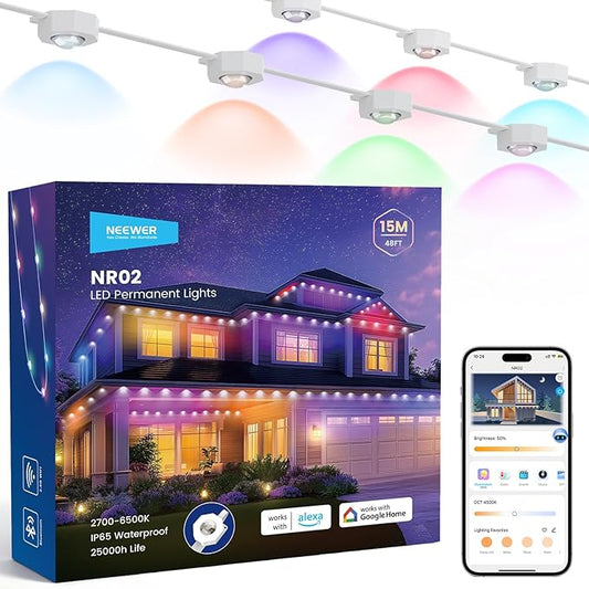 NEEWER 48ft Permanent Outdoor Lights for House Decor, Smart AI RGBCW Outside Eaves String Christmas Lighting with 30 LED Lights App Control 53 Scenes IP67 Waterproof, Compatible with Alexa, NR02