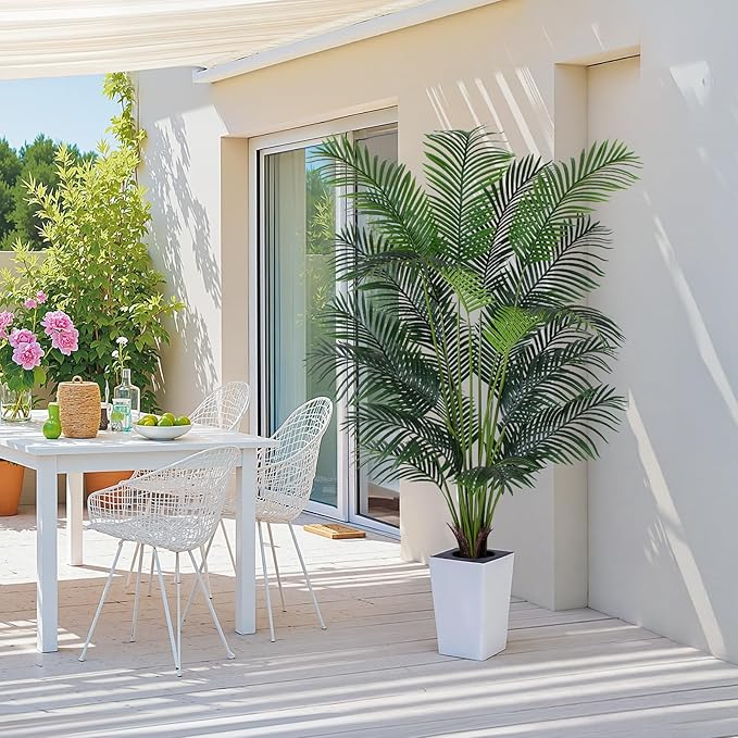 Artificial Palm Tree with White Tall Planter, 7ft Tall Potted Artificial Silk Palm Tree Plant, Fake Tropical Plant, Home Office Floor Room Decor Plants Indoor Outdoor, Housewarming Gift
