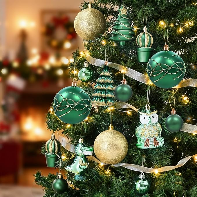 Dolicer 52 Pcs Christmas Tree Ornaments Various Styles Christmas Ball Ornaments Set Green Gold Christmas Ornament Shatterproof Lightweight Hanging Decorations for Xmas Tree Holiday Party Home
