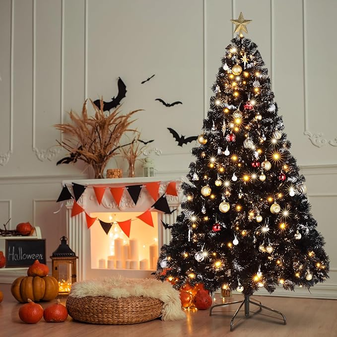 VINGLI 6ft Black Pre-lit Artificial Christmas Pine Tree with 250 Warm White Lights, Xmas Tree Holiday Party Decorations with Sturdy Metal Stand, Full 900 Tips Branch, 8 Color Modes