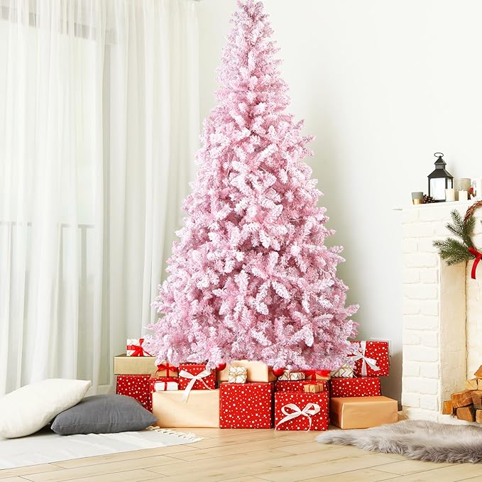 HAPPYGRILL 7.5FT Pre-Lit Pink Christmas Tree Snow Flocked Christmas Tree with 1100 Branch Tips, 450 Warm Lights, 8 Lighting Modes, Artificial Xmas Tree for Holiday Decor