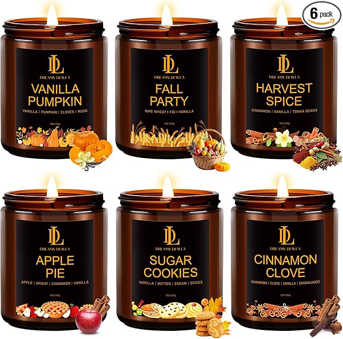 Fall Candle Set, Fall Scented Candles for Home, 6 Pack Soy Candle Set, Autumn Gifts for Women Men, Autumn Scents of Vanilla Pumpkin/Cinnamon Clove/Apple Pie/Harvest Spice/Sugar Cookies/Fall Party