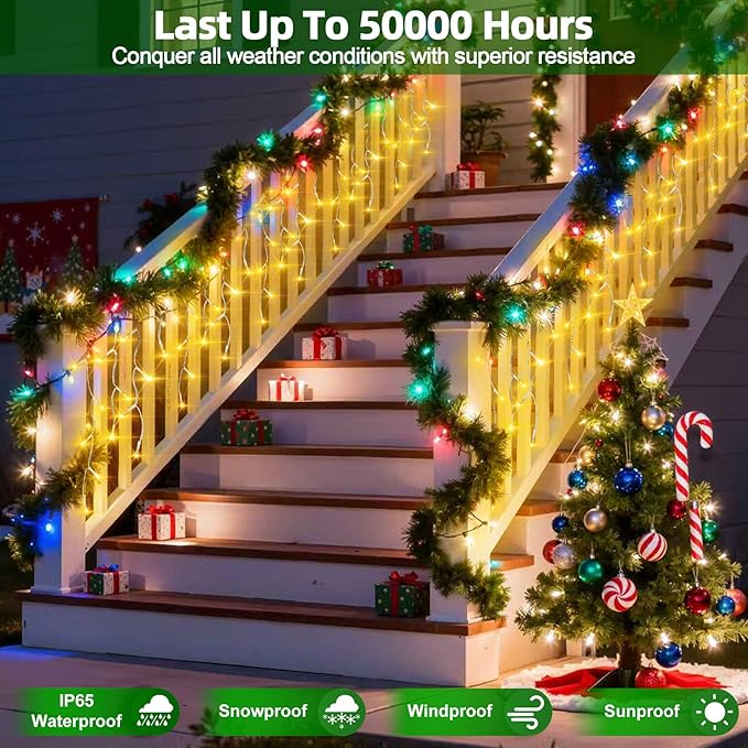 504 LED Christmas Lights with 112Drops, 50ft 12 Modes Warm White Fairy String Lights with Timer Dimmable, Waterproof Twinkle Lights for Indoor Outdoor Holiday Wedding Party Eaves Yard Christmas Decor