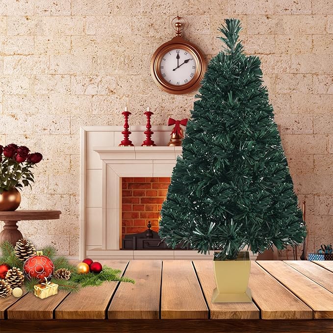 32inch Green Fiber Optic Christmas Tree, Small Christmas Tree with Lights 3 FT Artificial Prelit Tabletop Xmas Tree Holiday Home Decorations, USB Adaptor Included