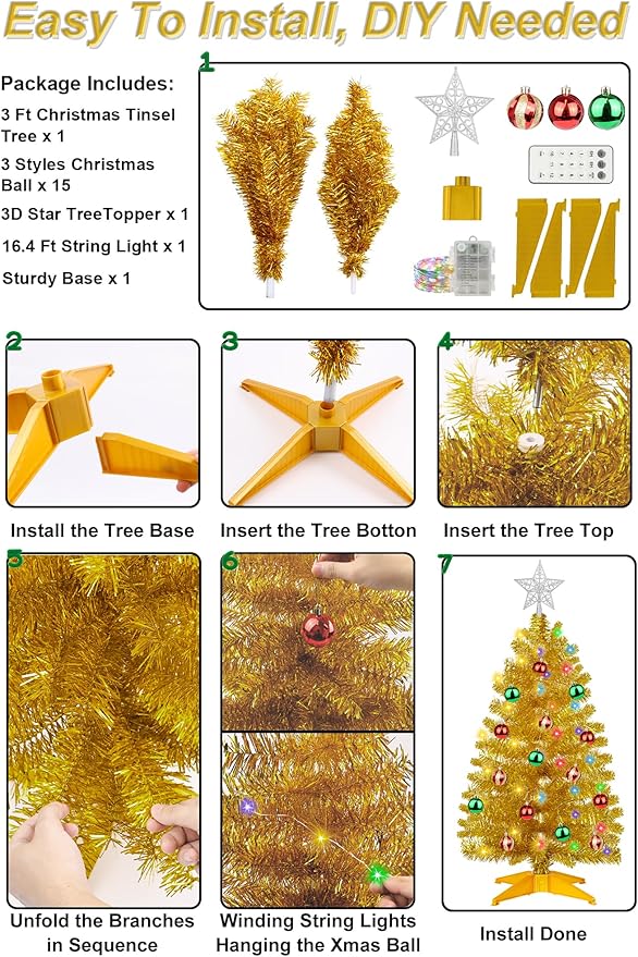 3 Ft Gold Tinsel Christmas Tree Dual Color Change 12 Modes Timer DIY 50 Warm White & Multicolor Lights Star 15 Ball Ornaments Small Artificial Full Xmas Tree Battery Operated Table Home Indoor