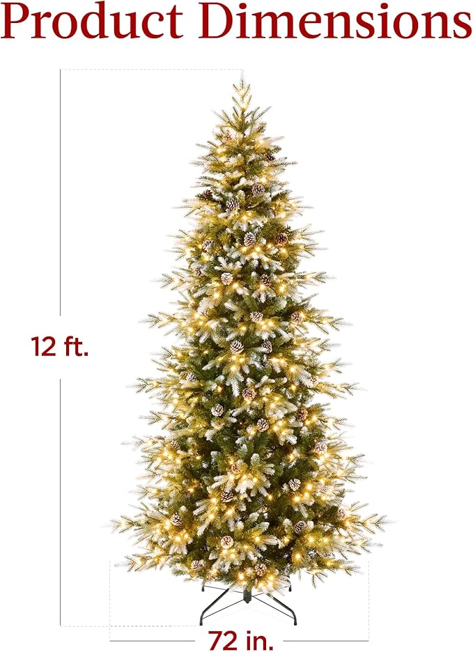 Best Choice Products 12ft Pre-Lit Artificial Frosted Slim Aspen Christmas Tree, Partially Flocked Holiday Décor w/ 2-in-1 White & Multicolor LED Lights