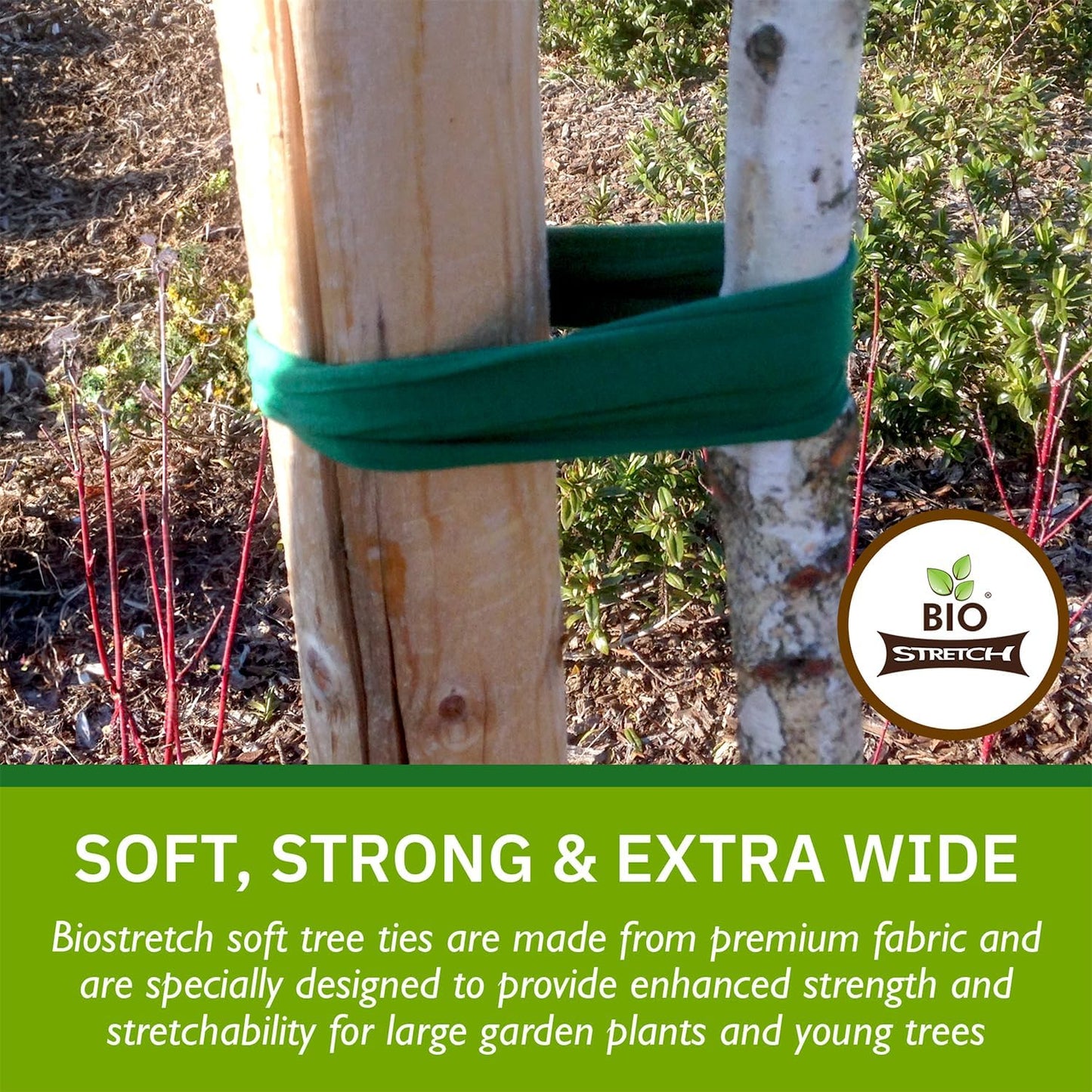 Extra Wide Soft Tree Ties - Strong & Stretchy Support for Large Plants & Young Trees - Cut-to-Length Green Garden Tape for Home & Professional Gardening (52 ft / 16M)