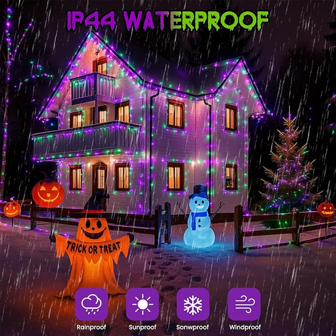 2-Pack 66FT 200 LED Extendable Halloween String Lights, Purple and Green Halloween Decorations Outdoor Indoor Tree Lights,13 Modes Plug in Mini Fairy Lights Waterproof with Timer and Memory Function