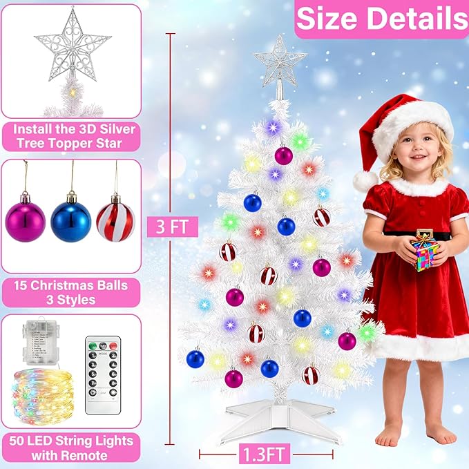 [ Remote Control & 8 Modes ] 3 Ft Christmas Tree with Timer 50 Warm White & Multi Color Lights, 15 DIY Ornaments 3D Star Topper - Artificial Small Christmas Tree for Home Indoor Tables - White