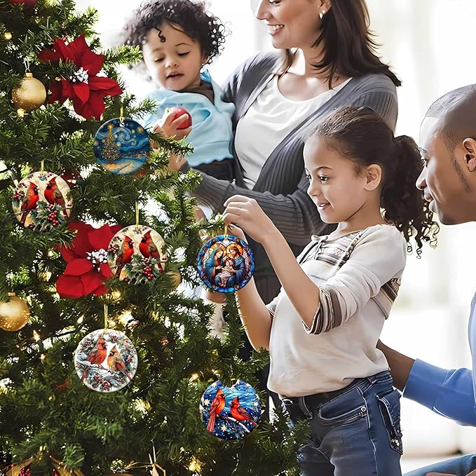 Nativity Scene Ornaments Nativity Night Round Ceramic Stained Glass Style Birth of Jesus Christ Hanging Ornament Christmas Keepsake Decor for Xmas Tree Winter Holiday Xmas Gift for Women Men 3"