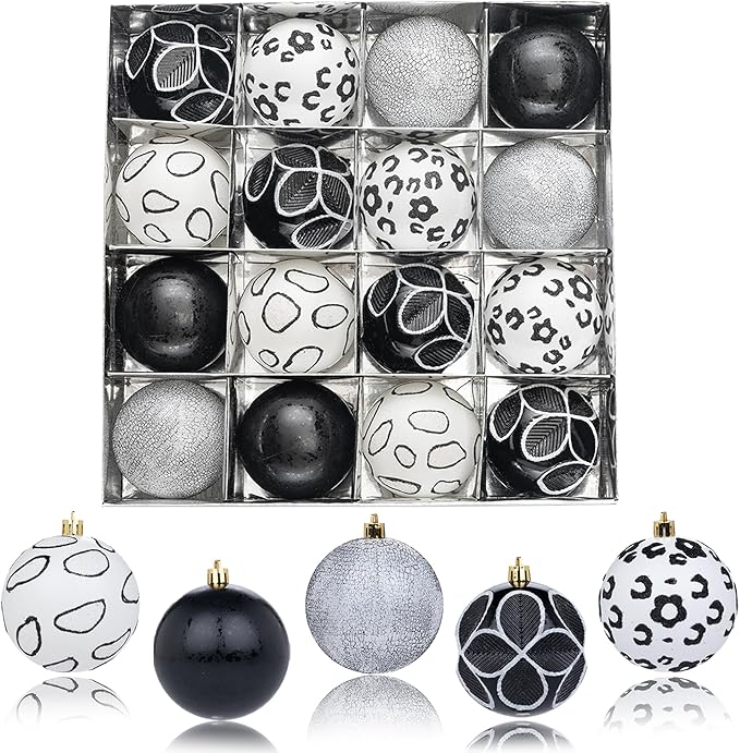 16CT Leopard Christmas Ornaments,Shatterproof Black and White Christmas Decorations, Lage Baubles Ornaments Hanging Decor for Xmas Tree Home Party Festivals (80MM/3.15'')