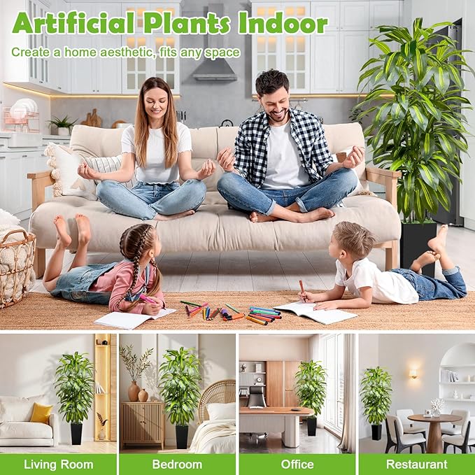 6FT Artificial Dracaena Tree Indoor Fake Tree Tall Plant with Black Planter Faux Plants Indoor Living Room Artificial Plants Indoor Decor Large Fake Plant