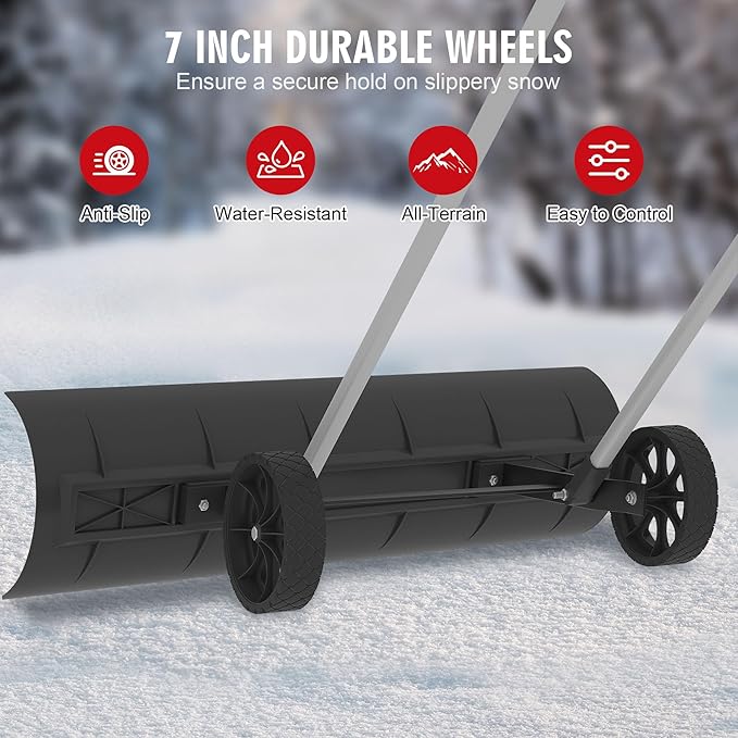 Snow Shovel with Wheels for Driveway, Snow Pusher Shovel with Adjustable Handle, Snow Plow Shovel with Large 37.4” x 9.8” Adjustable Angle Blade for Yards, Sidewalks, Decks, Job Site and Office
