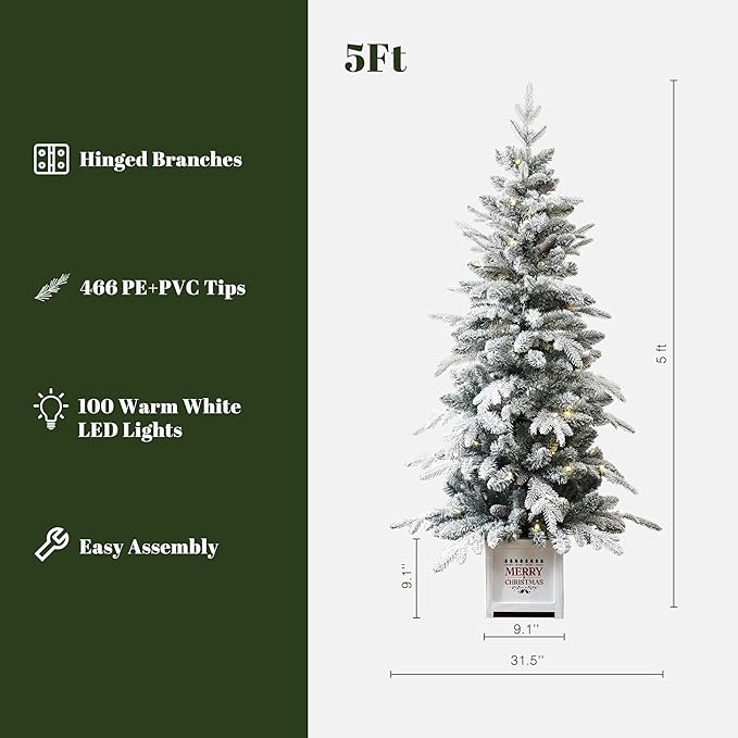 LuxenHome 5FT Potted Flocked Christmas Tree, Small Christmas Tree Prelit with 100 Warm LED Lights and Pine Cones, Lighted Pencil Artificial Christmas Trees with Square Planter Pot for Indoor, Outdoor