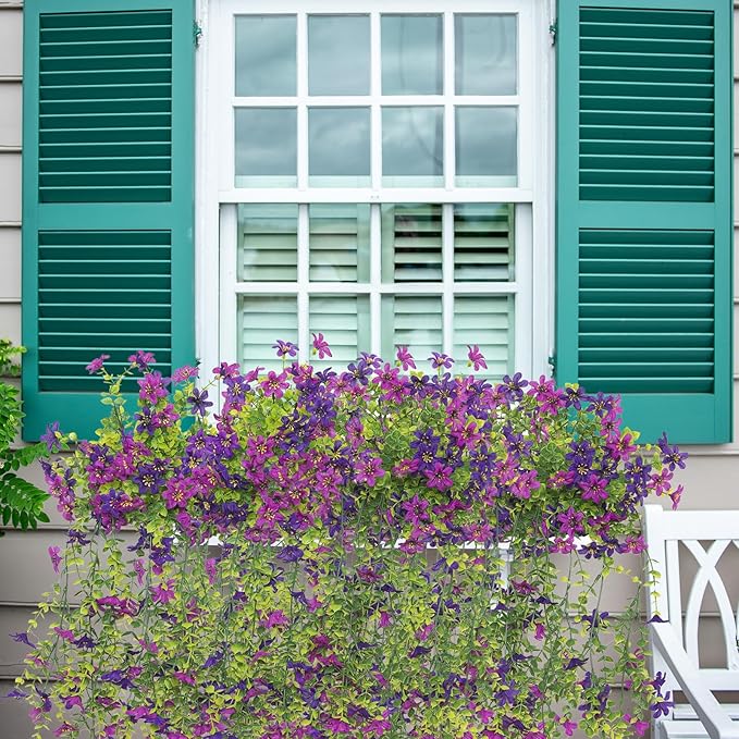 Purple Fake Mums Artificial Hanging Flowers Plants Fall Flowers for Outdoors Decor 2 PCS Faux Silk Daisy with Leaves Artificial Outdoor Flower for Planter Balcony Porch Patio Yard Decoration