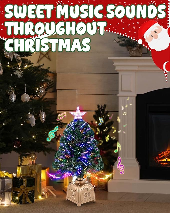 2FT Rotating Musical Tabletop Christmas Tree with Lights, Pre-Lit Green Fiber Optic Mini Xmas Tree with Spinning Music Base for Small Space Home Office Desk Holiday Decor