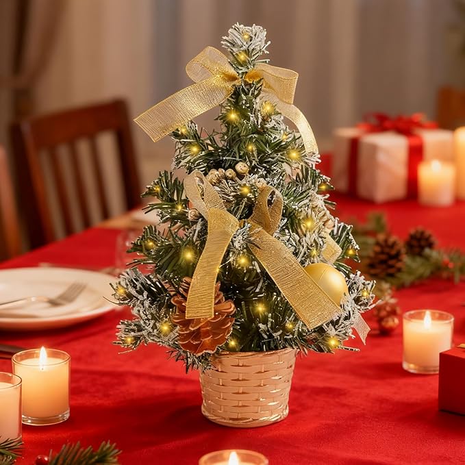 FR 12 Inch Tabletop Christmas Tree,Wintry Pine,Decorated with Pine Cones Berry Clusters,with LED Lights,for Desktop Centrepiece,Mantelpiece,Indoor DIY Christmas Decoration/Gold