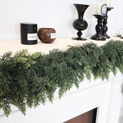 2PCS Artificial Cedar Garland for Christmas Decoration - Realistic Winter Greenery Garland for Mantel, Fireplace, Table, Door, Holiday Indoor Outdoor Decor 6FT