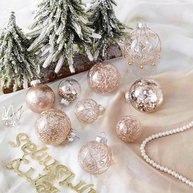 Wironlst Christmas Ball Ornaments Shatterproof Clear Large Plastic Hanging Ball Decorative Baubles Set with Stuffed Delicate Decorations (Multi-Size, Rose Gold)