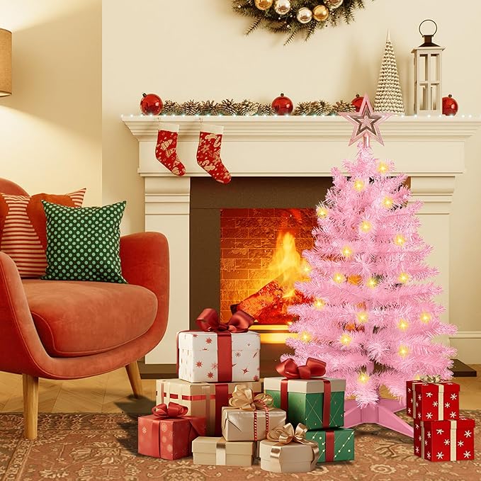 3 Ft Pink Christmas Tree with Lights, Timer 8 Modes 50 Warm White Lights Battery Operated Small Artifical Full Christmas Tree for Tabletop Home Office Indoor Outdoor Xmas Holiday Party Decorations
