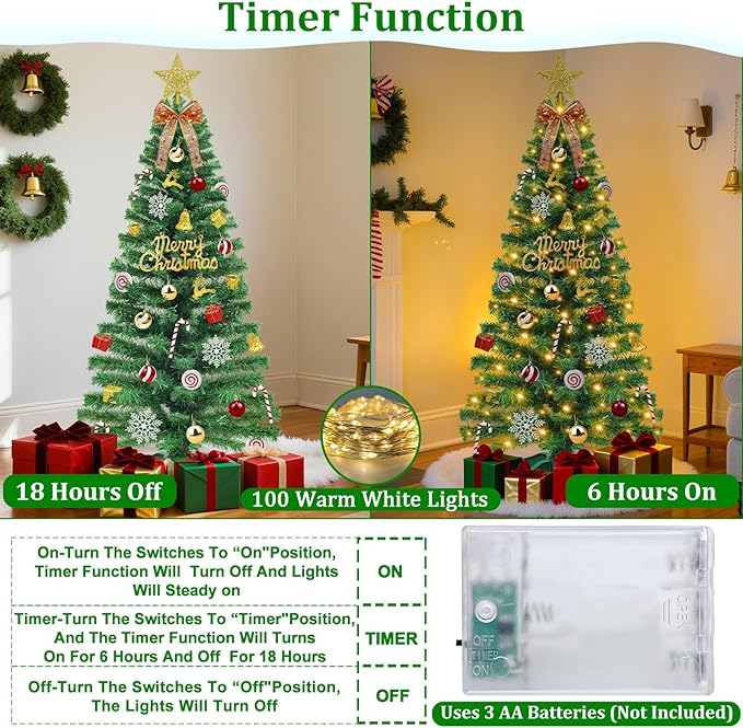 [ 71 Ornaments ] 4 Ft Artificial Christmas Tree with 100 Warm White Light 3D Star Merry Christmas Sign Ball Bow Deer Snowflake Gift Box Timer Battery Operated Xmas Tree for Indoor Home Decoration