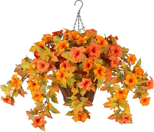 Artificial Fake Fall Flowers with Hanging Basket for Outdoor Decoration, Silk Faux Flowers UV Resistant Fake Plants for Home Porch Patio Garden Window Box Autumn Decor Look Real (Orange)