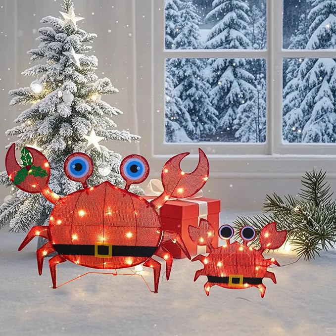 Dazzle Bright Christmas Outdoor Decorations Yard, 2 Piece Battery Operated Lighted Crab 50 LED Lights with 8 Lighting Modes, Light Up 2D Crab for Xmas Holiday Front Garden Patio Lawn Decor