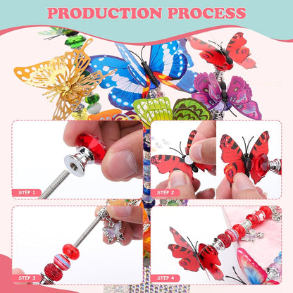 380pcs Beaded Garden Stake, DIY Butterfly Fairy Wand Garden Stake Kit with 10IN Threaded Rod Crystal Stopper Top Large Holes Beads Butterfly Decoration Pendants Outdoor Fairy Garden kit