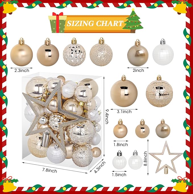 TranquilBliss 50 Pcs Christmas Ornaments Set with Strings, Christmas Ball Ornaments Set with Hanging Strings, Shatterproof Christmas Decorations Ornaments for Xmas Tree (Deep Champagne)