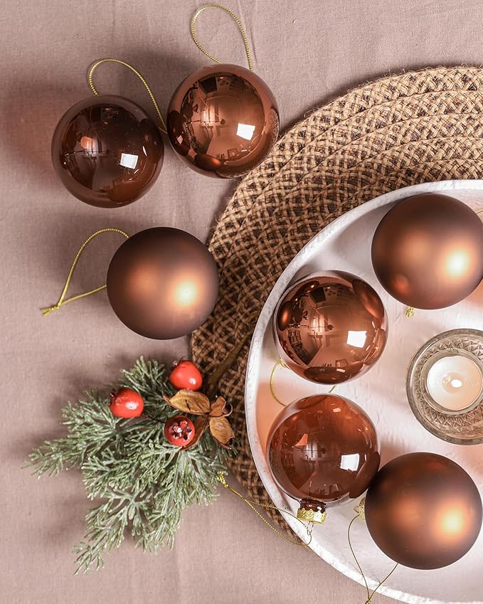 DN DECONATION Brown Glass Christmas Ball Ornaments, Set of 9, 3' Hanging Christmas Baubles for Xmas Tree Decoration, Wedding Party Gift