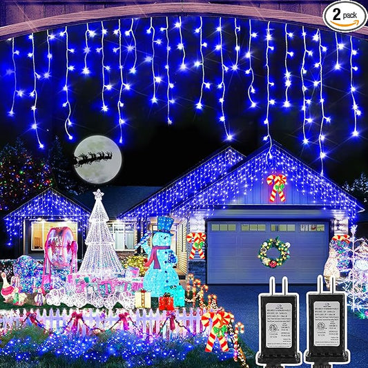 Christmas Lights Outdoor, 2 Pack Total 98FT 960 LED Ice Lights for Outside with 180 Drops Clear Wire 8 Modes Timer, Plug in Waterproof for Holiday Eaves Yard Roof Party Christmas Decor (Blue)