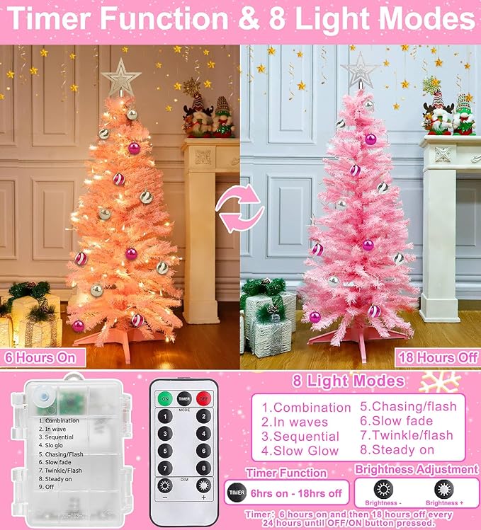 4 Ft Pink Christmas Tree with Timer Remote Control 8 Mode 100 Warm White Light 18 DIY Ball Ornaments 3D Star Battery Operated Small Xmas Tree Table Indoor Holiday Decor