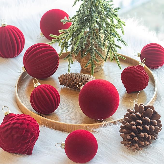 KI Store Velvet Christmas Balls Burgundy 25pcs Flocked Christmas Tree Ornaments Assortment for Xmas Tree Holiday Decor