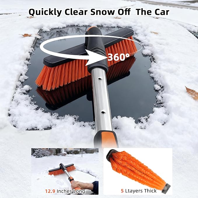 45" Extendable Snow Brush and Ice Scrapers for Car Windshield [360° Rotating Snow Brush Head] Military-Grade Sturdy Ice Scraper for Sedans, SUVs and Trucks Easy Storage Orange