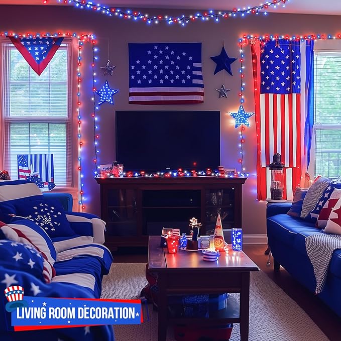 JMEXSUSS 500 LED Red White and Blue Lights 4th of July Decorations, 173ft 8 Modes 4th of July Lights Outdoor, Waterproof Patriotic String Light Plug in for Memorial Day Independence Day Decor