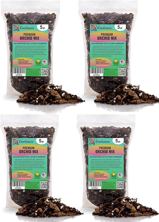 Organic Premium Orchid Soil Mix by Gardenera - Hand Mixed Classic Sphagnum Moss Potting Soil Mix - for Phalaenopsis Orchid - 20 Quart (4 Bags of 5 Quart)