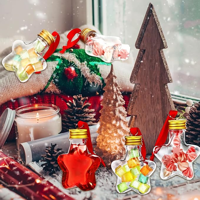Patelai 18 Pcs Christmas Drink Balls Clear Shot Glass Ornaments Xmas Tree Fillable Ornaments Plastic Xmas Water Bottle Bulbs for Holiday Party Decorations(Star,50 ml)