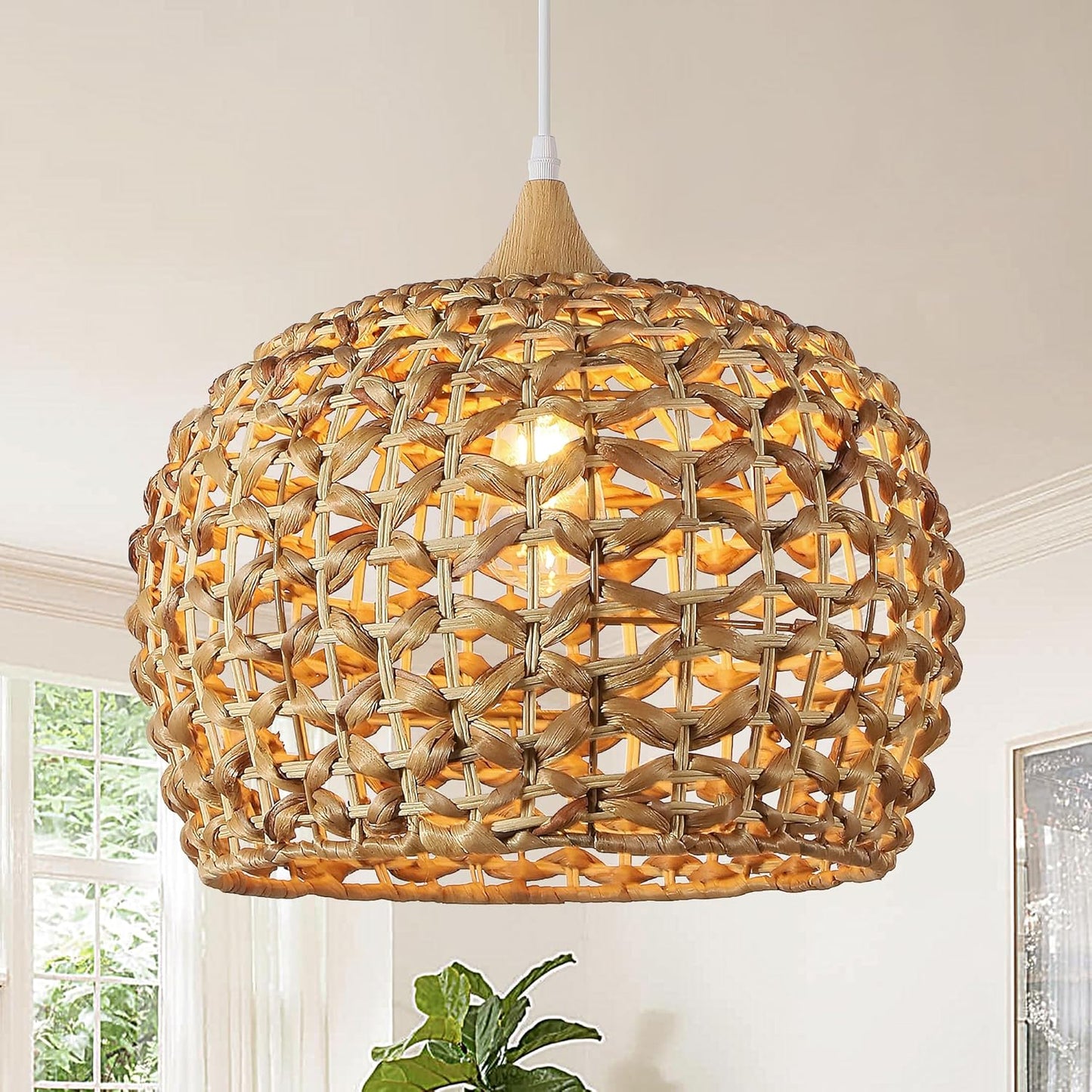 Boho Pendant Lights, 15.7" 1-Light Rattan Chandelier Hand-Woven Wicker Pendant Light with Water Hyacinth Shade, Coastal Dome Hanging Light for Dining Room Kitchen Island