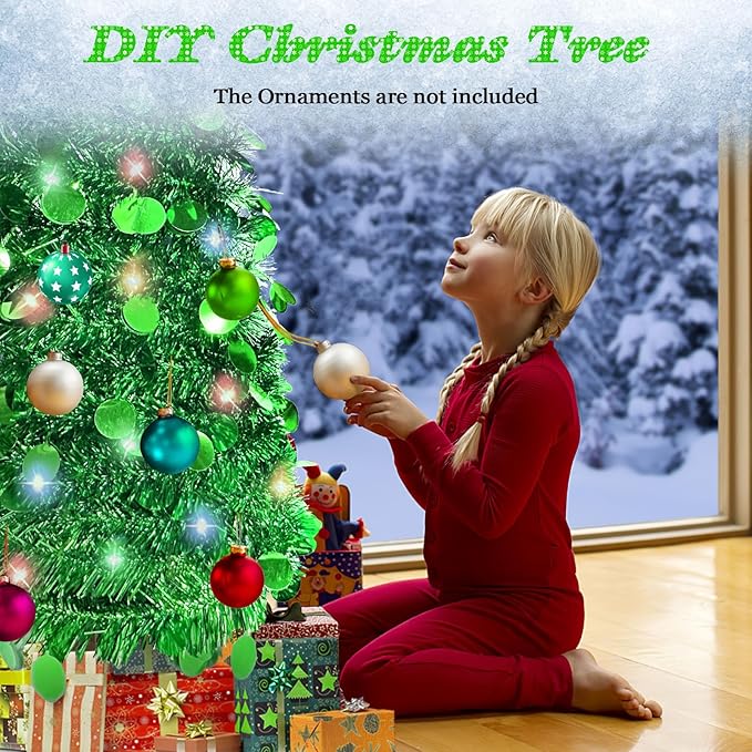 5 FT Pencil Christmas Tree, Collapsible Artificial Sequin Pop Up Christmas Tree, Skinny Pencil Tinsel Christmas Trees, Xmas Tree for Home Apartment Basement Fireplace (Pure Green)