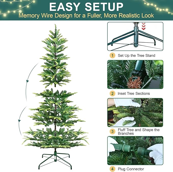 7FT Prelit Artificial Christmas Tree, Premium Douglas Fir Christmas Tree with 400 Warm White Lights & 960 Branch Tips, PE & PVC Pre Lit Hinged Xmas Trees with Metal Base for Party, Holiday Decoration