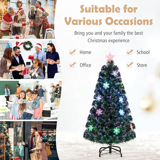 Goplus 4ft Pre-Lit Fiber Optic Christmas Tree, Artificial Xmas Full Tree with Colorful Snowflake LED Lights, 125 Branch Tips, Foldable Metal Base, for Office Home Holiday Decor