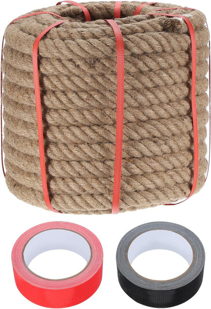MECCANIXITY Jute Rope 1.2 Inch x 98ft, Thick Twine Rope Ropes Braided Jute Twine Natural Brown Burlap Cord String Heavy Twisted with Tapes for Decorative Crafts Railing Swing Tug of War
