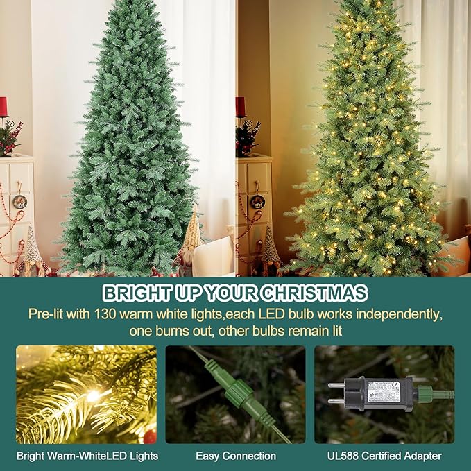 4 FT Prelit Artificial Skinny Christmas Tree,Blue Spruce Slim Pencil Xmas Tree with 566 PE&PVC Mixed Branch Tips and 130 UL Listed Clear Lights,Hinged Pine Tree with Metal Stand for Home Office Décor