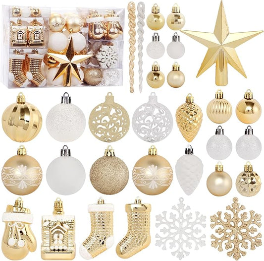 Christmas Tree Ornament Set - 132pcs Gold White Ball Decoration, Shatterproof Hanging Ornaments Assortment, Large and Small for Holiday Party Decor