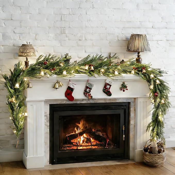2Pcs 6FT Christmas Norfolk Pine Garlands,Real Touch Garland, Faux Greenery Garland for Fireplace Mantle Indoor Outdoor Holiday Party Home Decor（2-Pack）