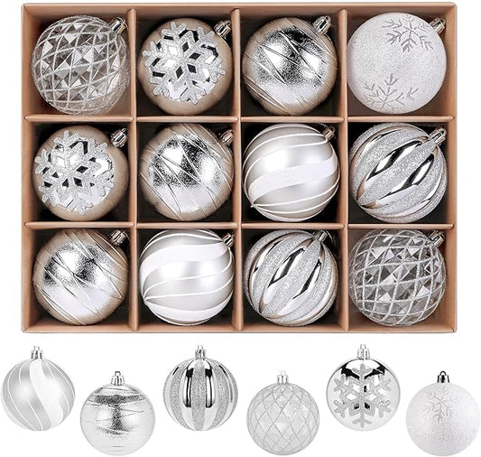 SHareconn 80mm Christmas Balls Ornaments,12PCS Colored Shatterproof Plastic Decorative Hanging Tree Decorations Baubles Set for Xmas Tree Holiday Party Wedding Decoration with Lanyard, Silver&White