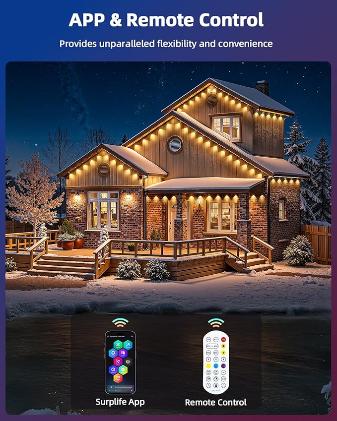 REYLAX 100FT Permanent Outdoor Lights with 60 LED Lights, RGB+IC Eaves Lights, IP67 Waterproof, Multi Scenes for Outdoor Christmas Holidays Decor, Works with APP & Remote Control, White