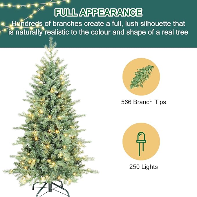 4 FT Prelit Artificial Skinny Christmas Tree,Blue Spruce Slim Pencil Xmas Tree with 566 PE&PVC Mixed Branch Tips and 130 UL Listed Clear Lights,Hinged Pine Tree with Metal Stand for Home Office Décor